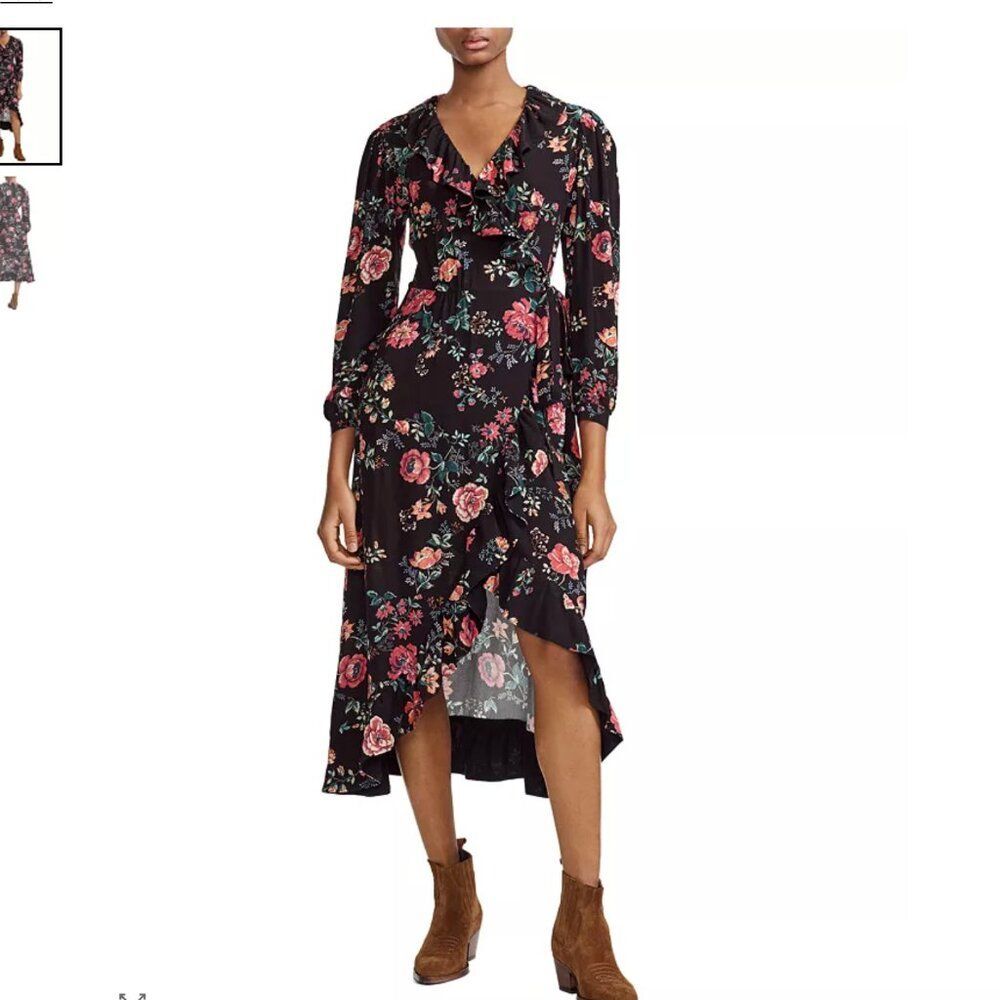 Maje | Rosetina Black Floral Wrap Midi Dress Long Sleeve Size 2